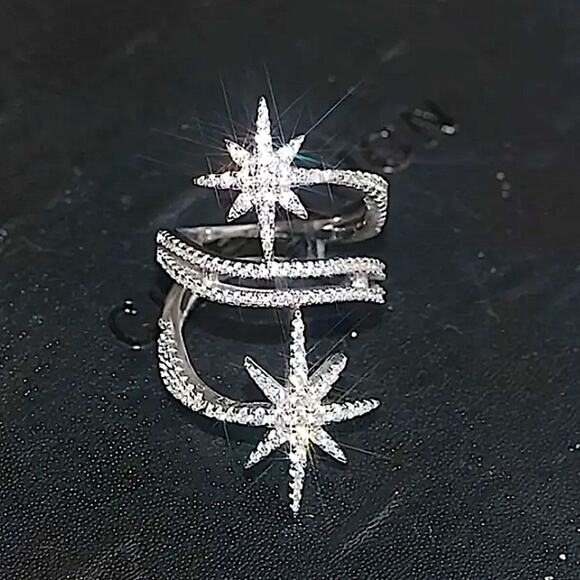 Silver Double Star Zircon Ring Celestial Moon - Picture 3 of 7